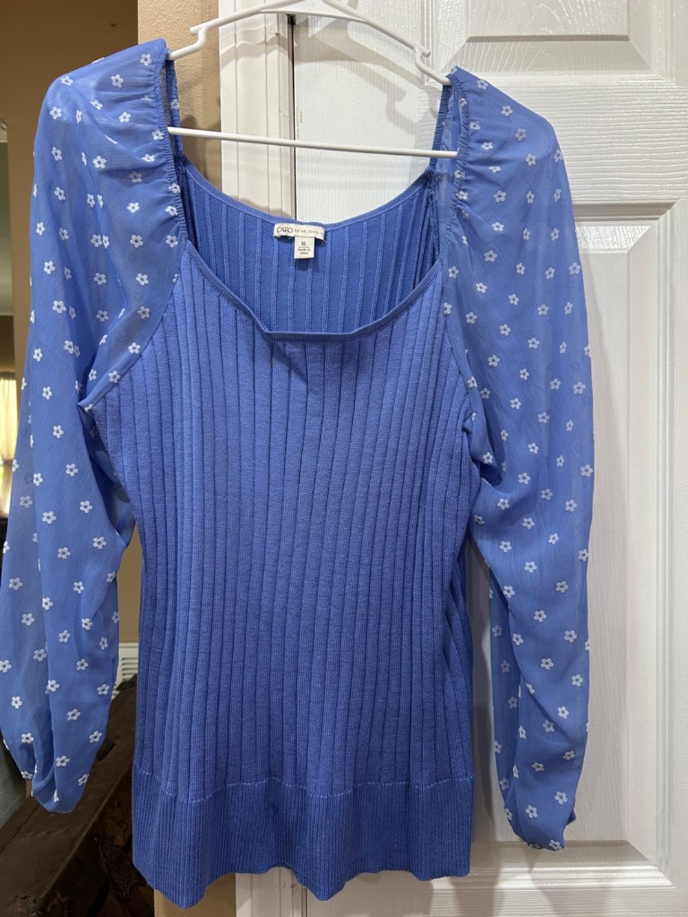 Cato Periwinkle Ribbed Knit Sweater with Sheer Floral Sleeves